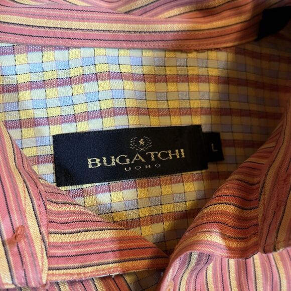 Bugatchi Uomo Flip Cuff Rayon Button Down Shirt Mens Large Orange Gold Striped - Picture 4 of 9
